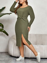 Plus Size Autumn Winter Inner Wear Outerwear Scoop Split Waist Fitted Bean Green Slimming Dress